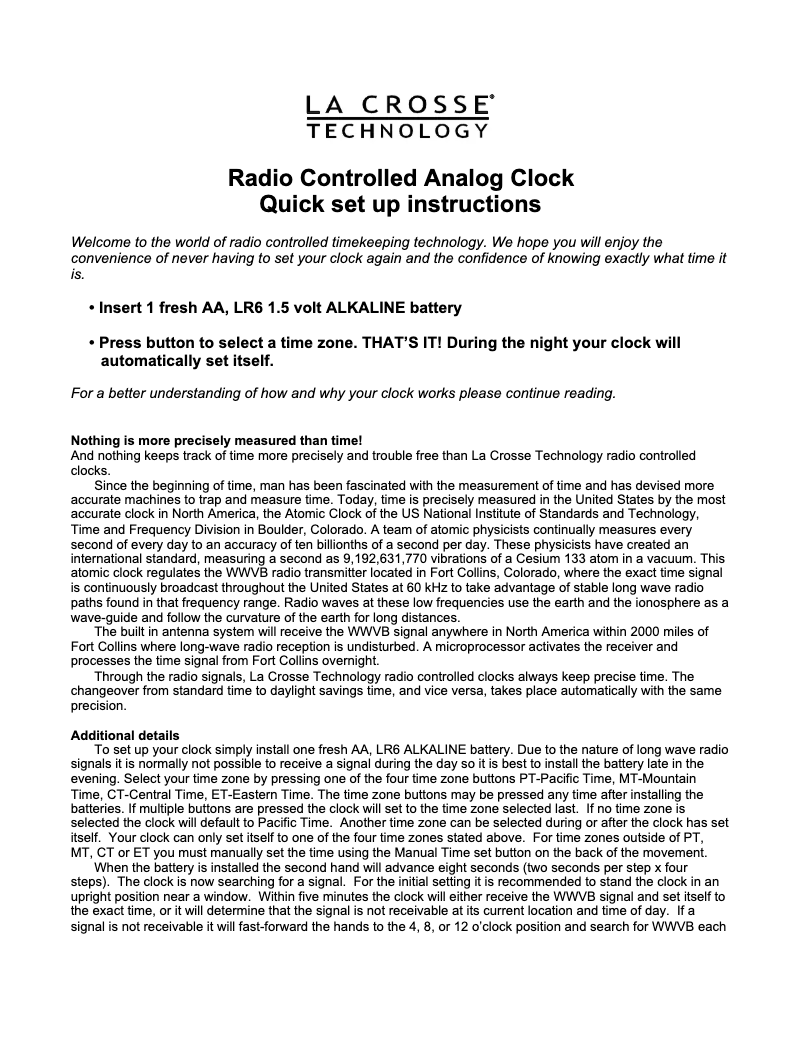 Page 1 de la notice Manuel utilisateur La Crosse Technology Radio Controlled Analog Clock