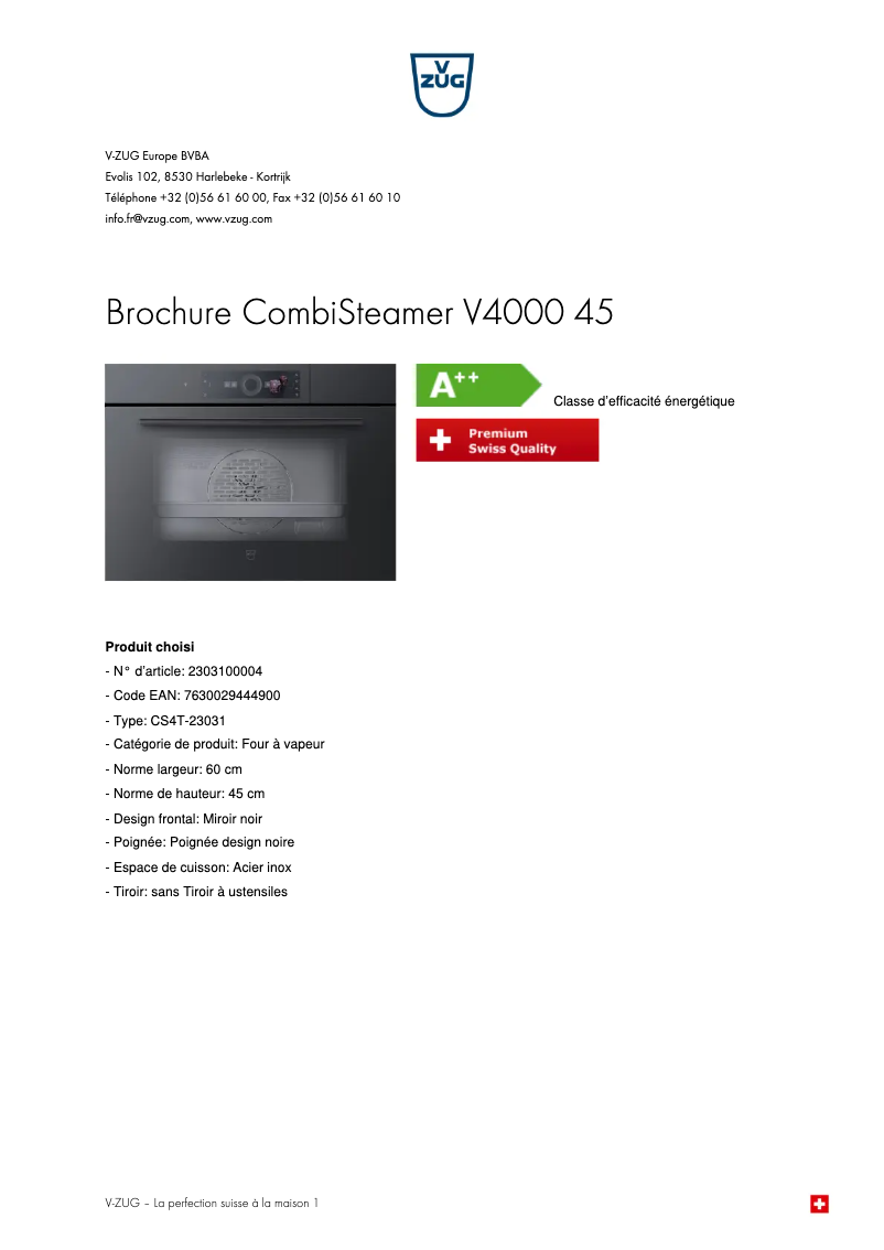 Page 1 de la notice Brochure V-Zug CombiSteamer V4000 45