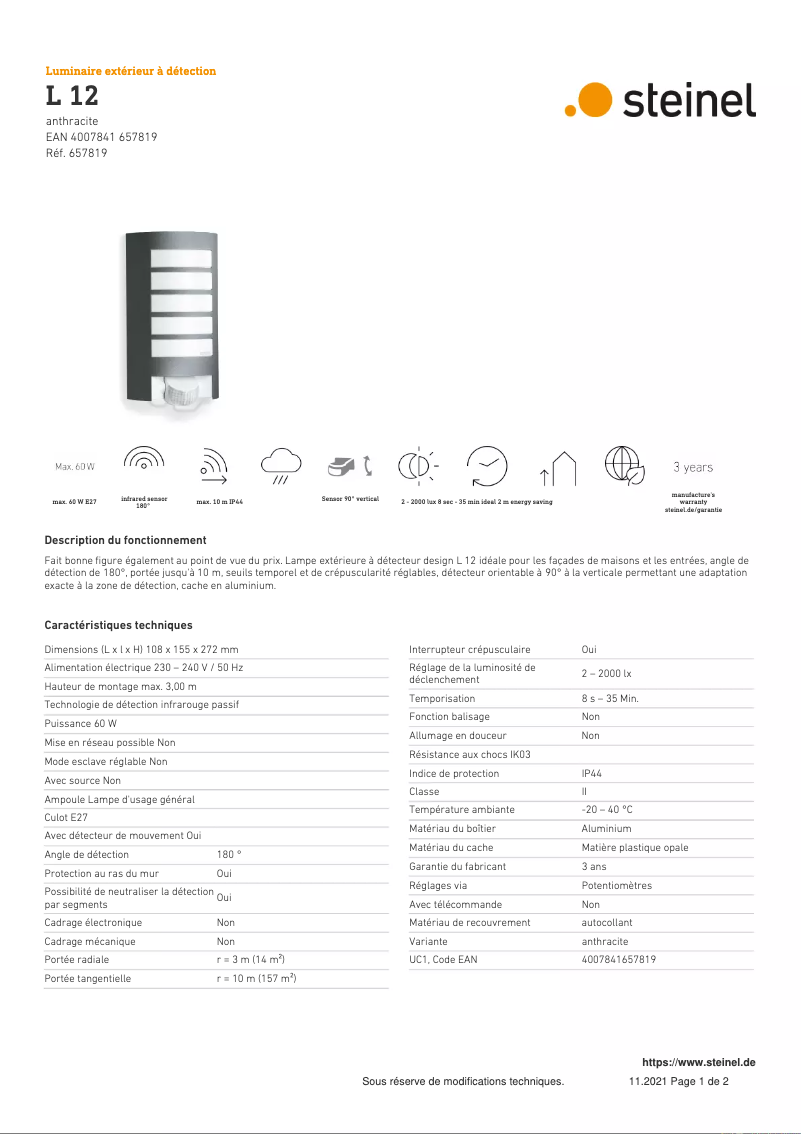 Page n°1 - Fiche technique Steinel L 12