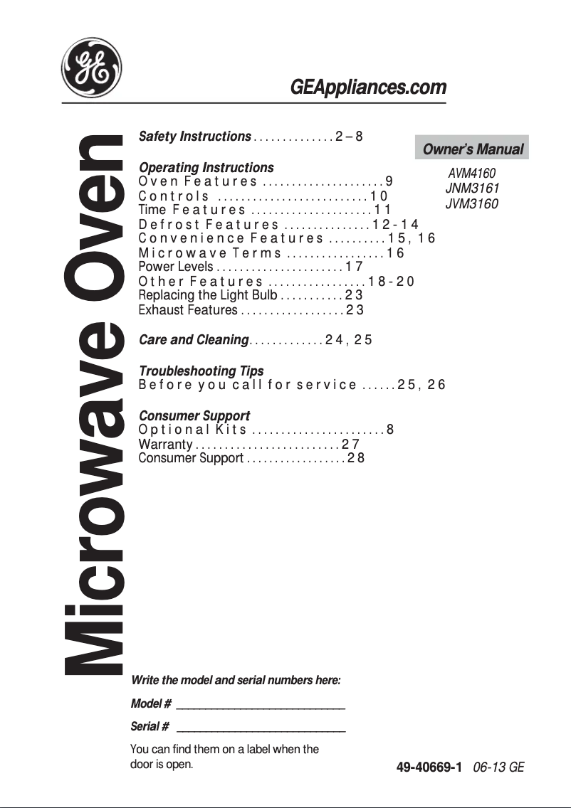Page 1 de la notice Manuel utilisateur GE JNM3161MFSA