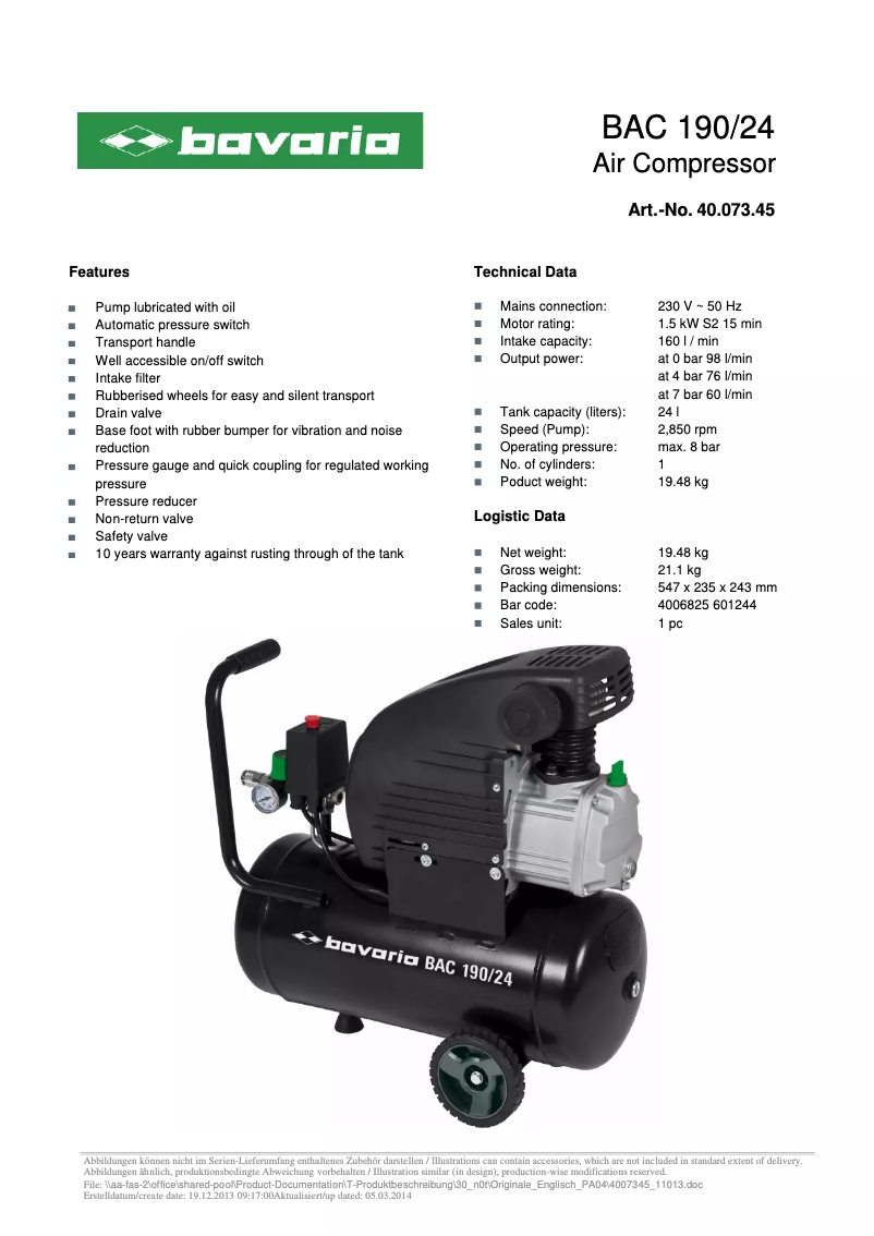 Página 1 del manual Ficha técnica Bavaria BAC 190/24