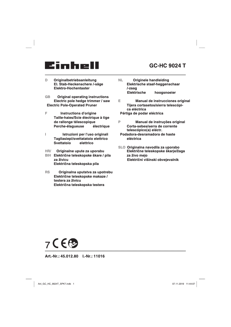 Page 1 de la notice Manuel utilisateur Einhell GC-HC 9024 T