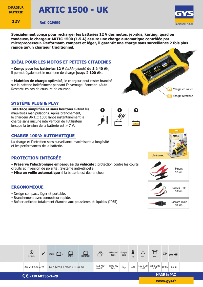 Page 1 de la notice Fiche technique GYS Artic 1500