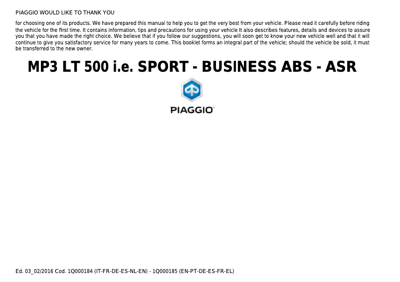 Image de la première page du manuel de l'appareil MP3 LT Sport 500 ABS-ASR (2016)