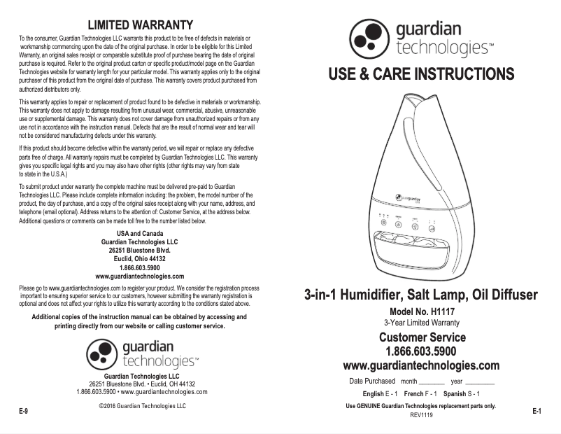 Page n°1 - Manuel d'utilisation et d'entretien PureGuardian H1117