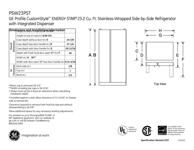 Page n°1 - Fiche technique GE PSW23PSTSS
