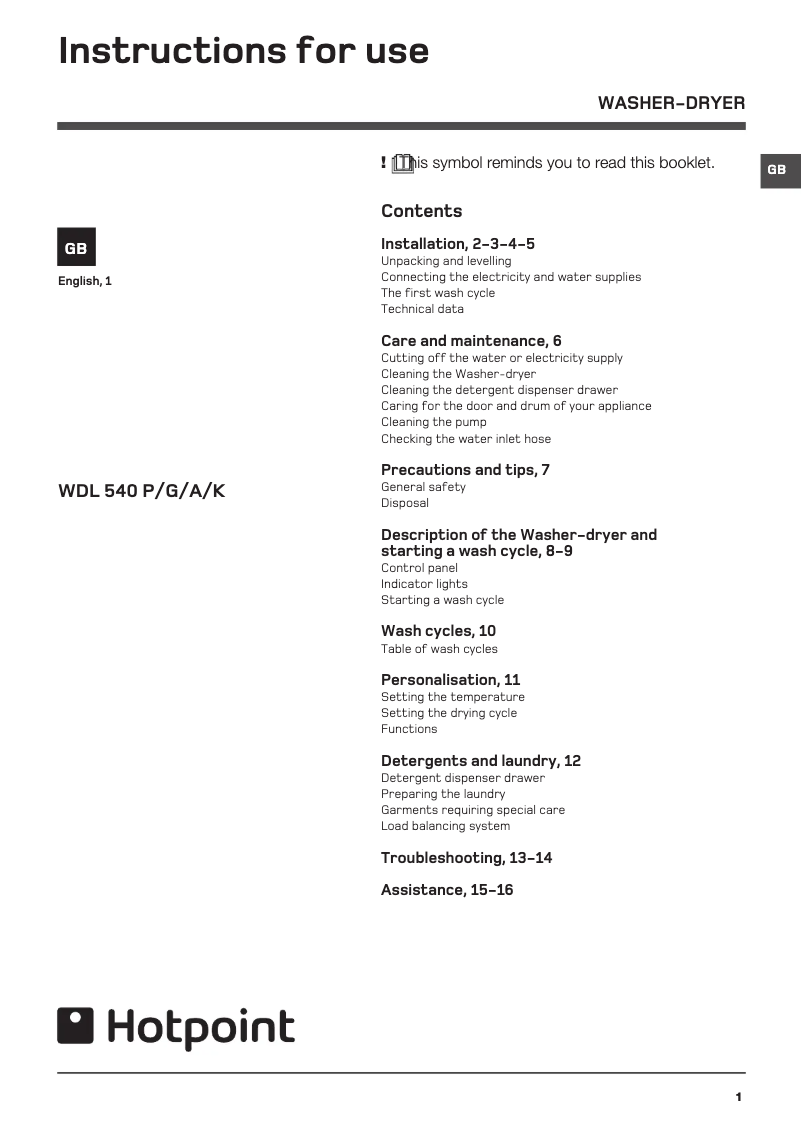 Page n°1 - Manuel utilisateur Hotpoint WDL 540 P (UK).C