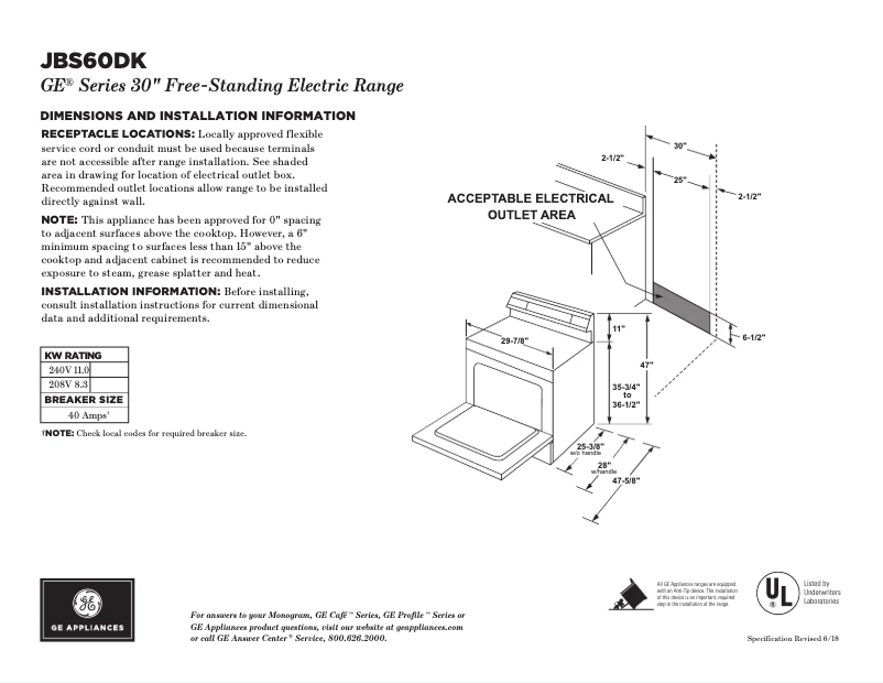 Page n°1 - Fiche technique GE JBS60DKBB