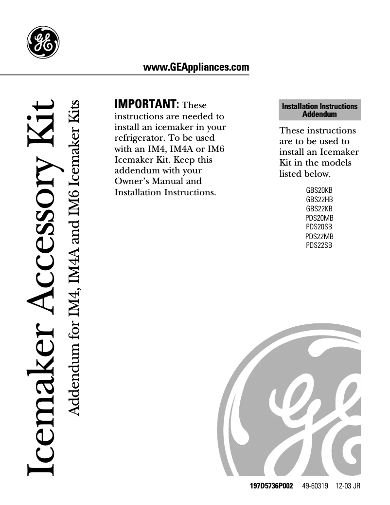 Page 1 de la notice Guide d'installation GE PDS22MBPBB