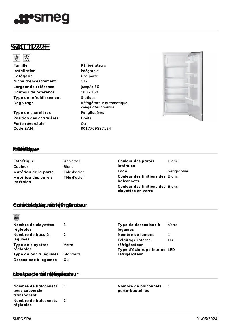Page 1 de la notice Fiche technique Smeg S4C122E
