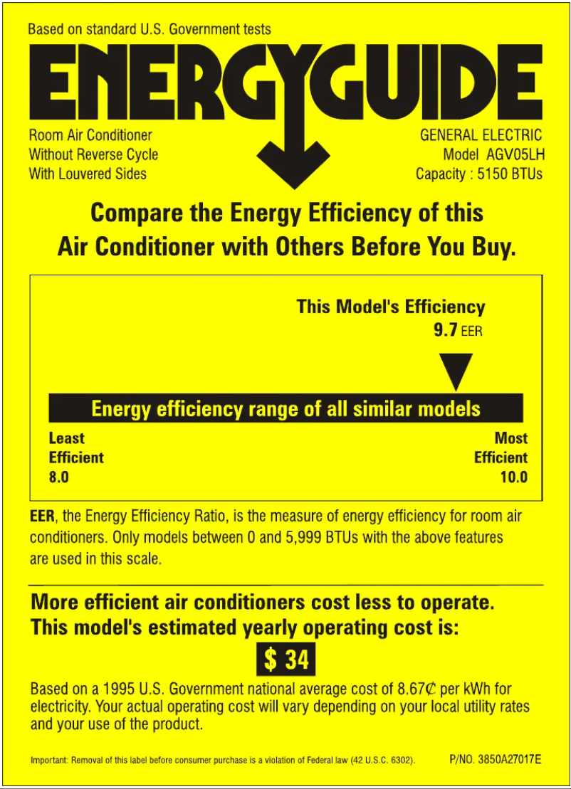 Page 1 de la notice Label énergétique GE AGV05LH