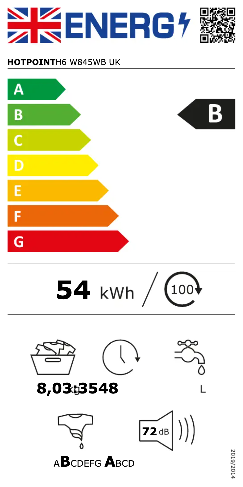 Page 1 de la notice Label énergétique Hotpoint H6 W845WB UK