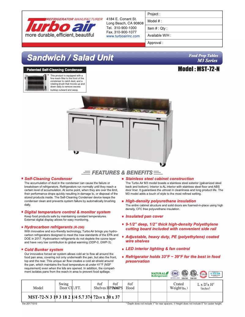Page 1 de la notice Fiche technique Turbo air MST-72