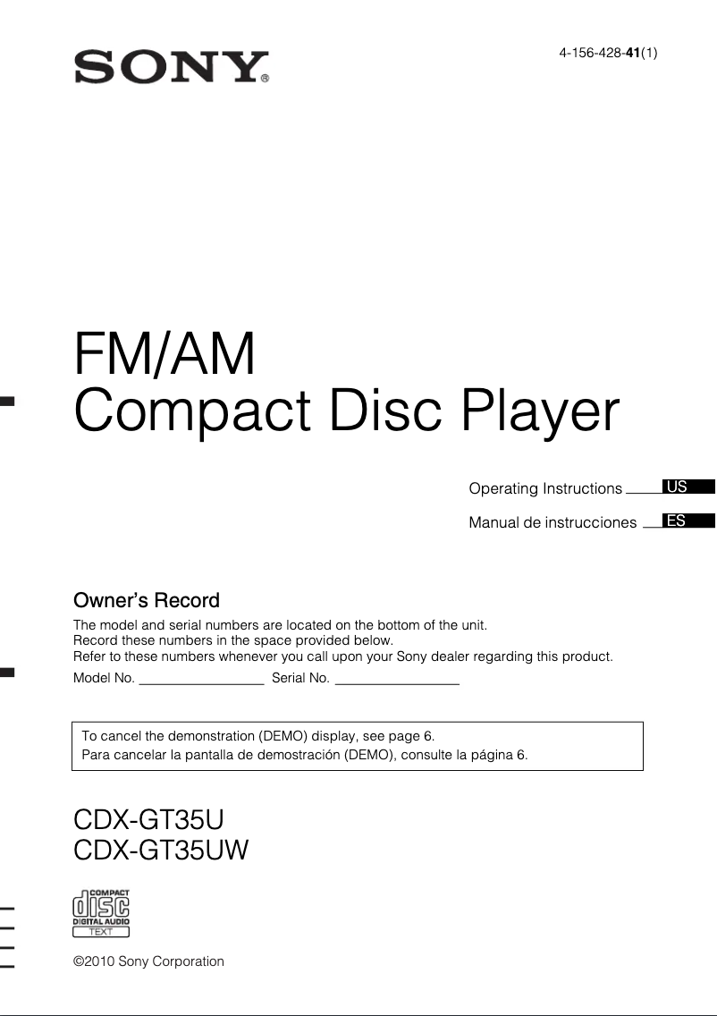 Page n°1 - Manuel utilisateur Sony CDX-GT35UW