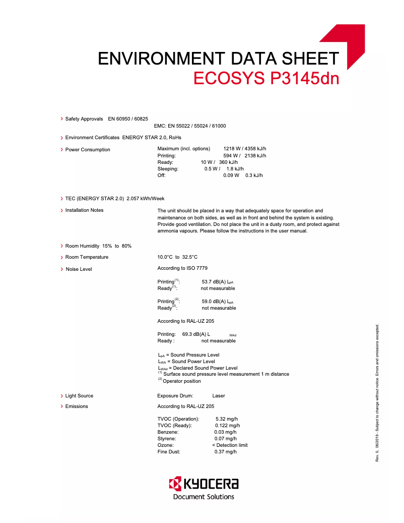 Page 1 de la notice Fiche technique Kyocera ECOSYS P3145dn