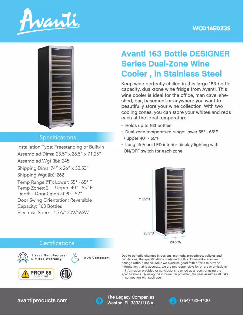 Page n°1 - Fiche technique Avanti WCD165DZ3S