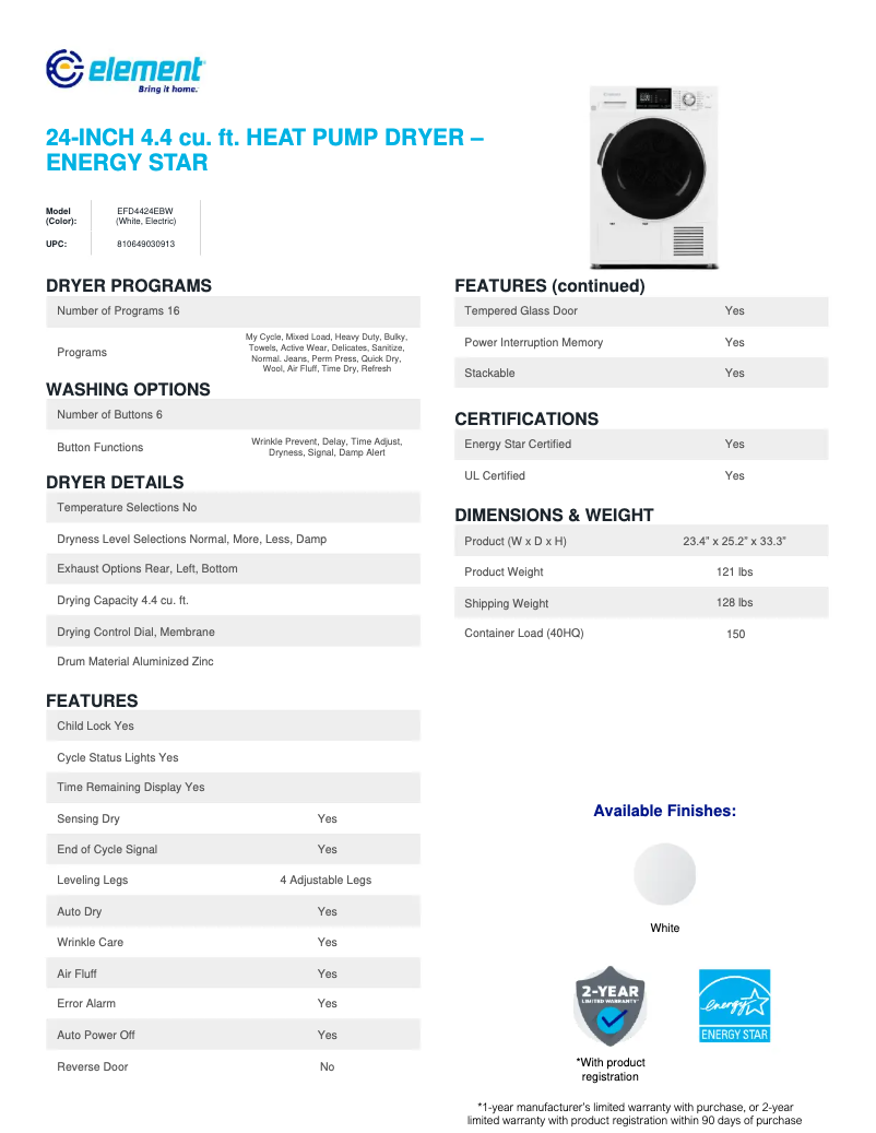 Page 1 de la notice Fiche technique Element EFD4424EBW