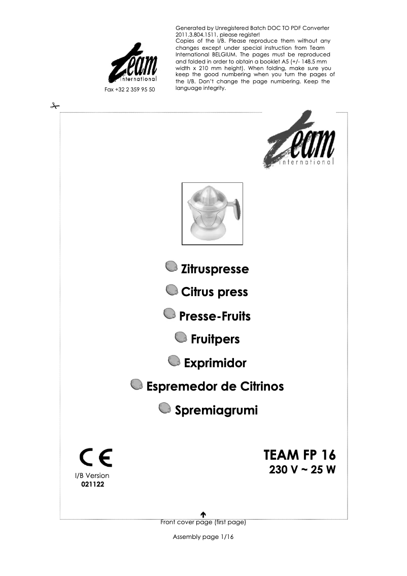 Image de la première page du manuel de l'appareil FP 16