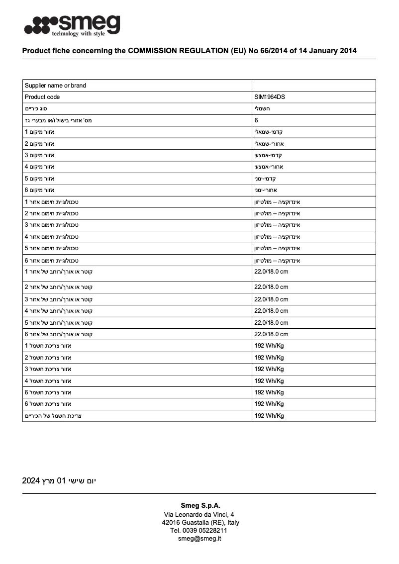 Page 1 de la notice Fiche technique Smeg SIM1964DS