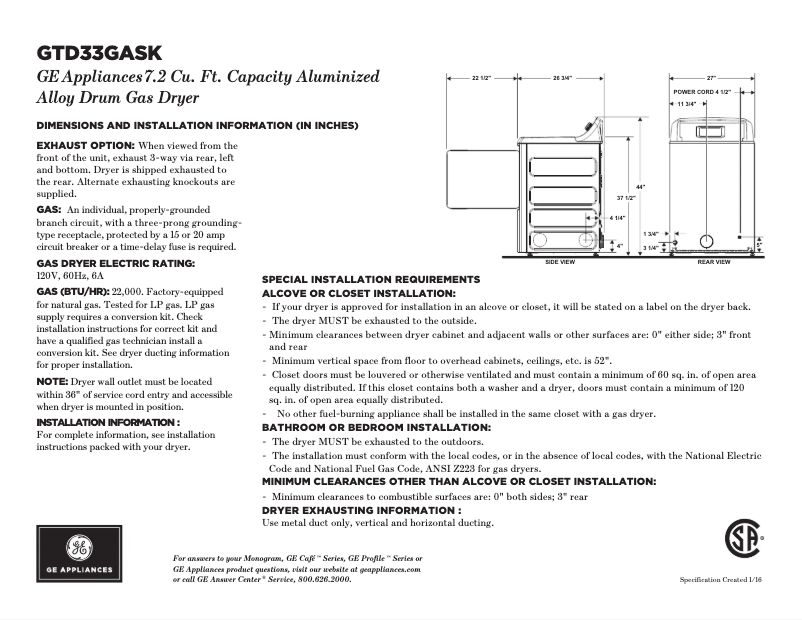 Página 1 del manual Ficha técnica GE GTD33GASKWW