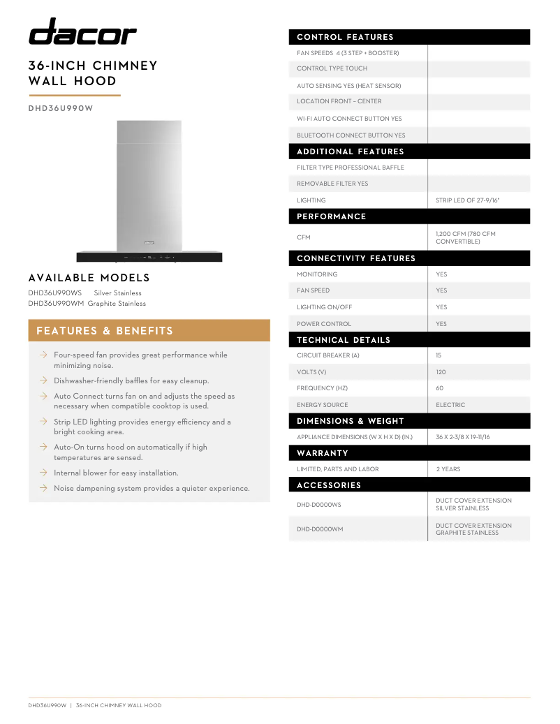 Page 1 de la notice Fiche technique Dacor DHD36U990WM/DA