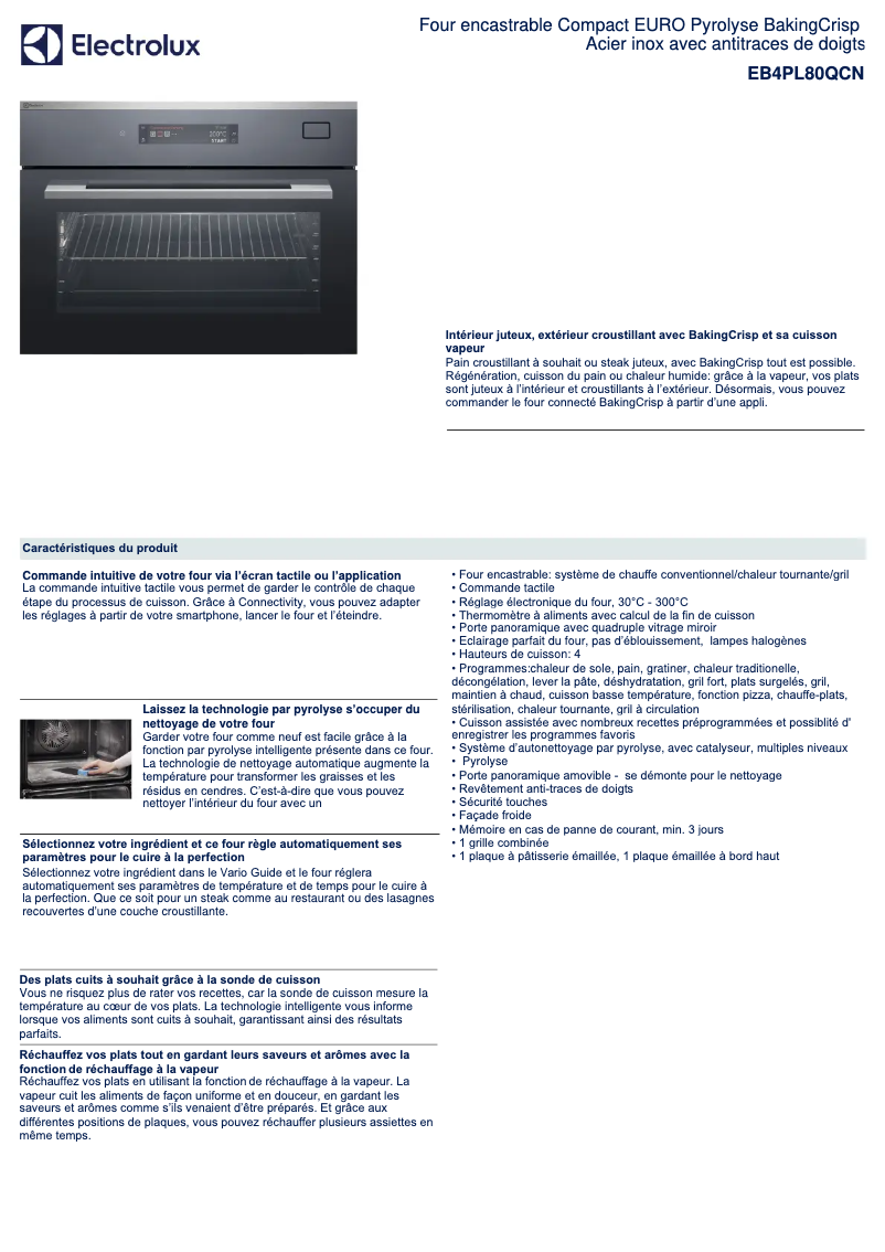 Page 1 de la notice Fiche technique Electrolux EB4PL80QCN