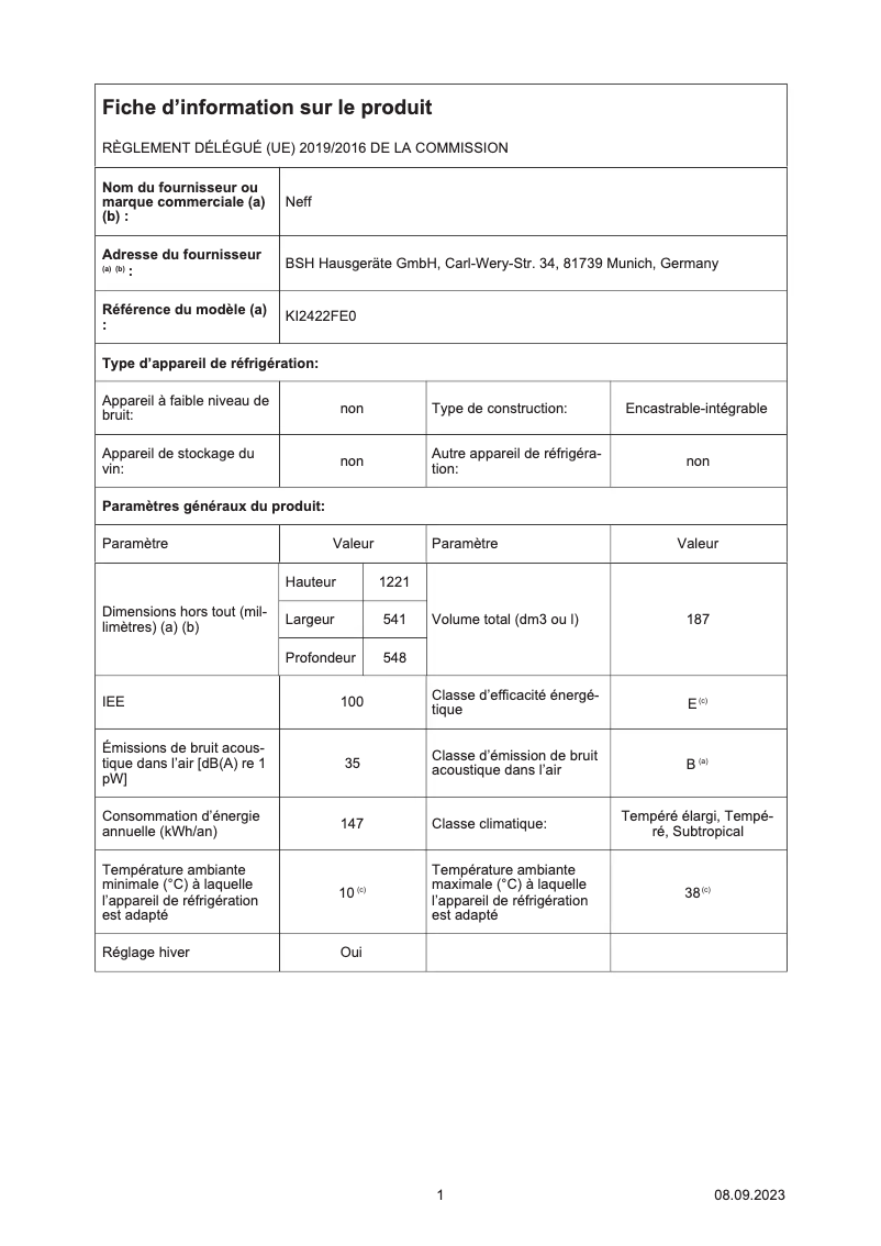 Page n°1 - Label énergétique Neff KI2422FE0