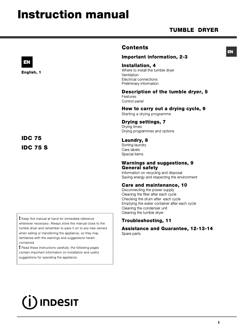 Image de la première page du manuel de l'appareil IDC 75 S (UK)