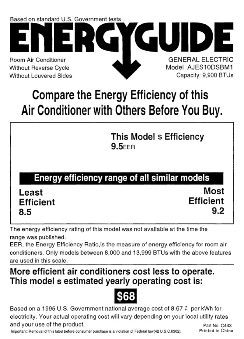 Page 1 de la notice Label énergétique GE AJES10DSB
