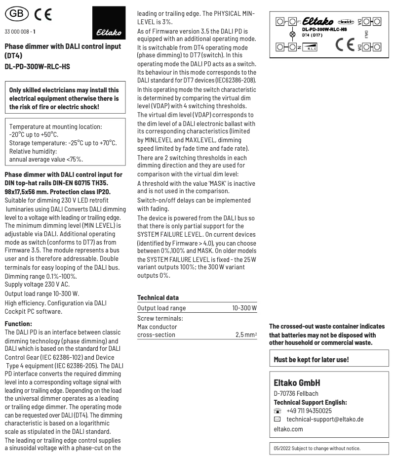 Image de la première page du manuel de l'appareil DL-PD-300W-RLC-HS