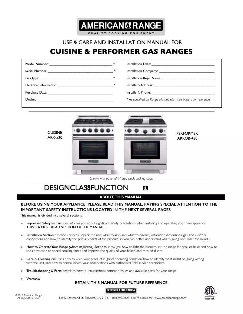 Page 1 de la notice Manuel utilisateur American Range ARR1060L