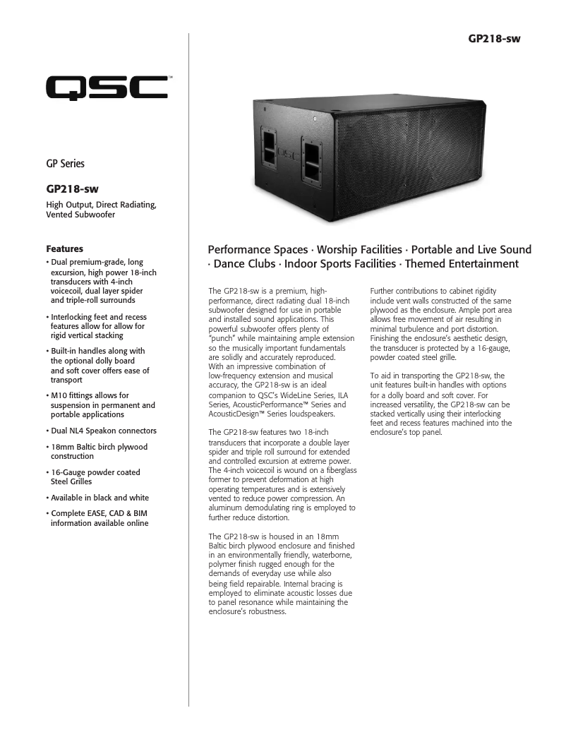 Page 1 de la notice Manuel utilisateur QSC GP218-sw