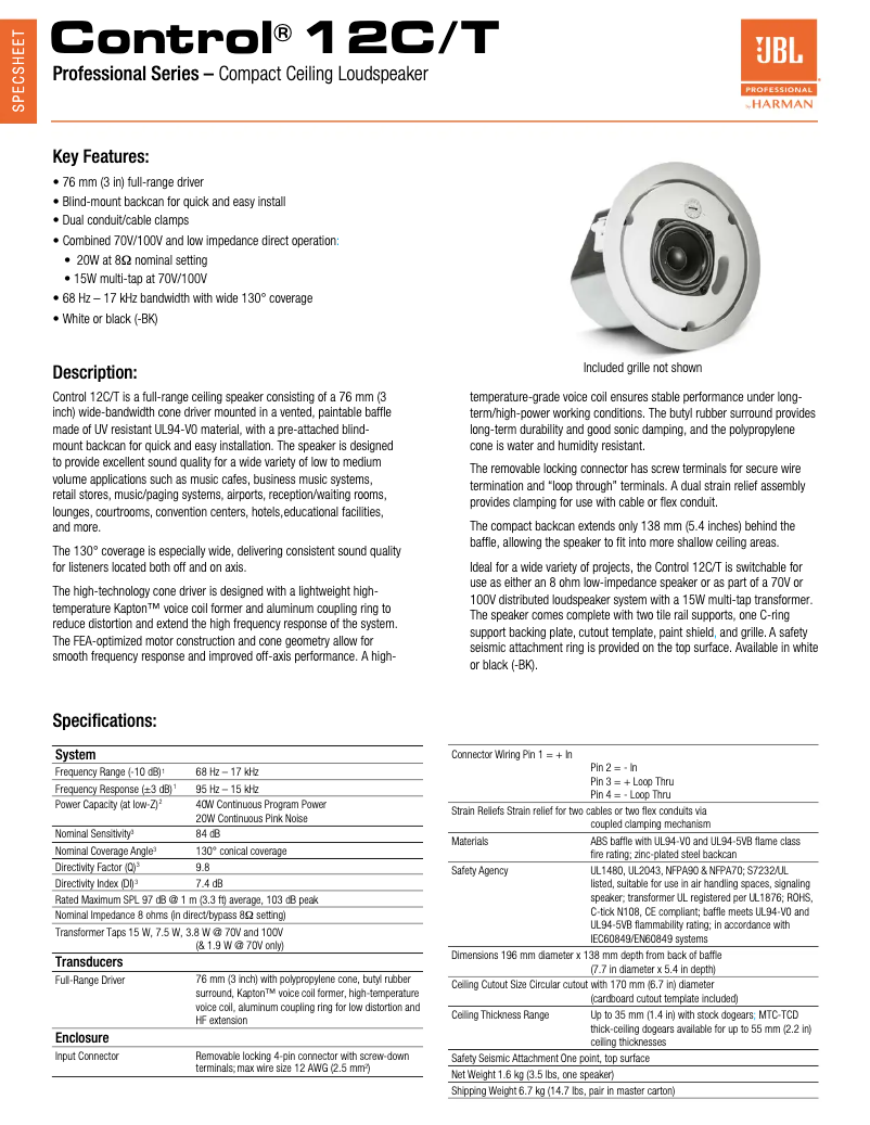 Page n°1 - Fiche technique JBL Control 12C/T