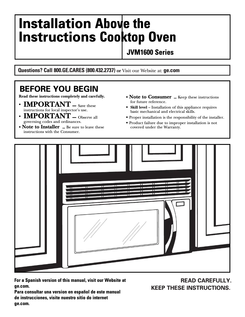 Page n°1 - Guide d'installation GE JVM1630CJ