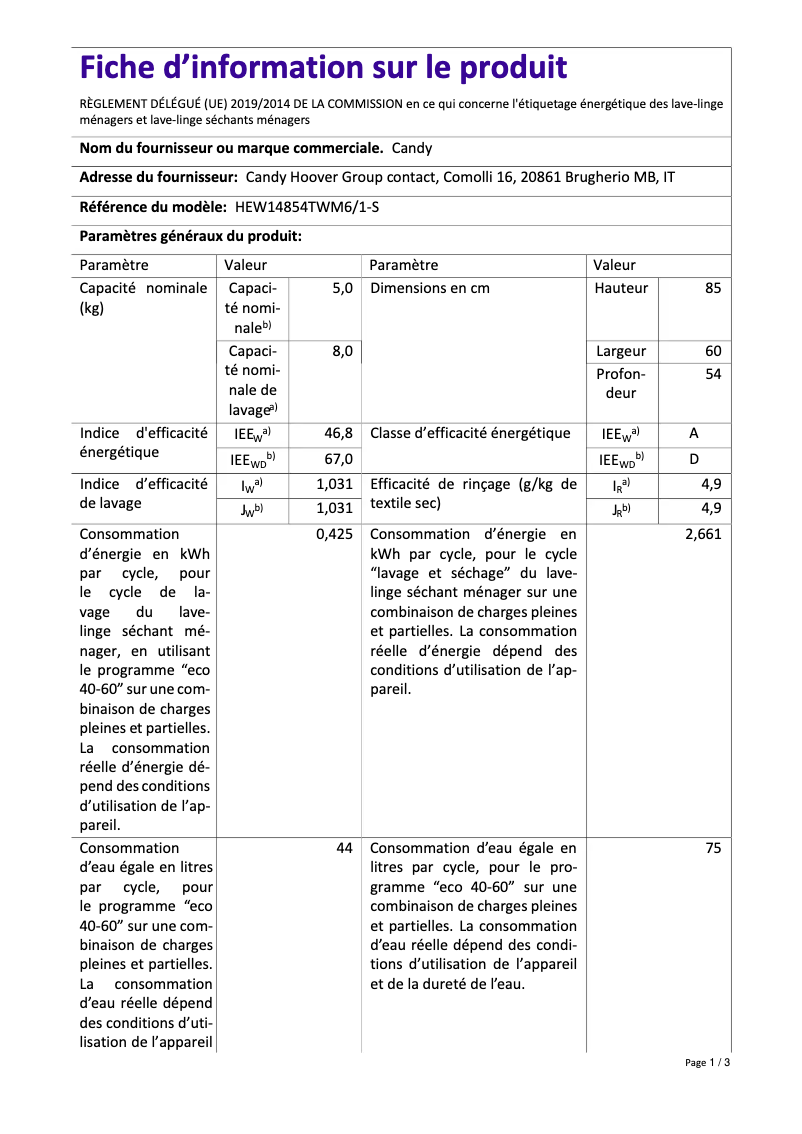 Page n°1 - Manuel utilisateur Candy HEW14854TWM6/1-S