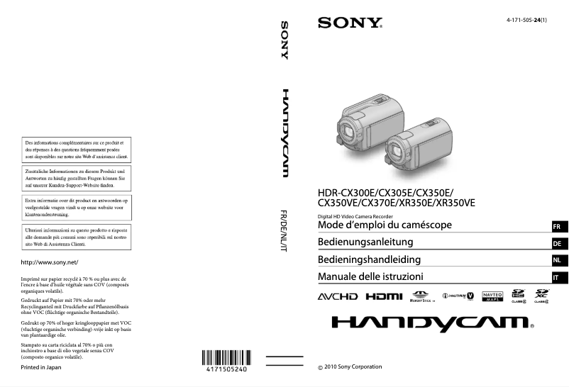 Page 1 de la notice Manuel utilisateur Sony HDR-XR350VEB