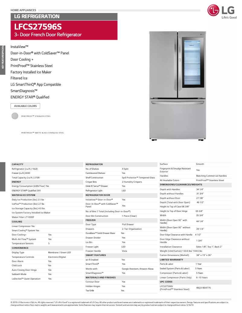 Page 1 de la notice Fiche technique LG LFCS27596S