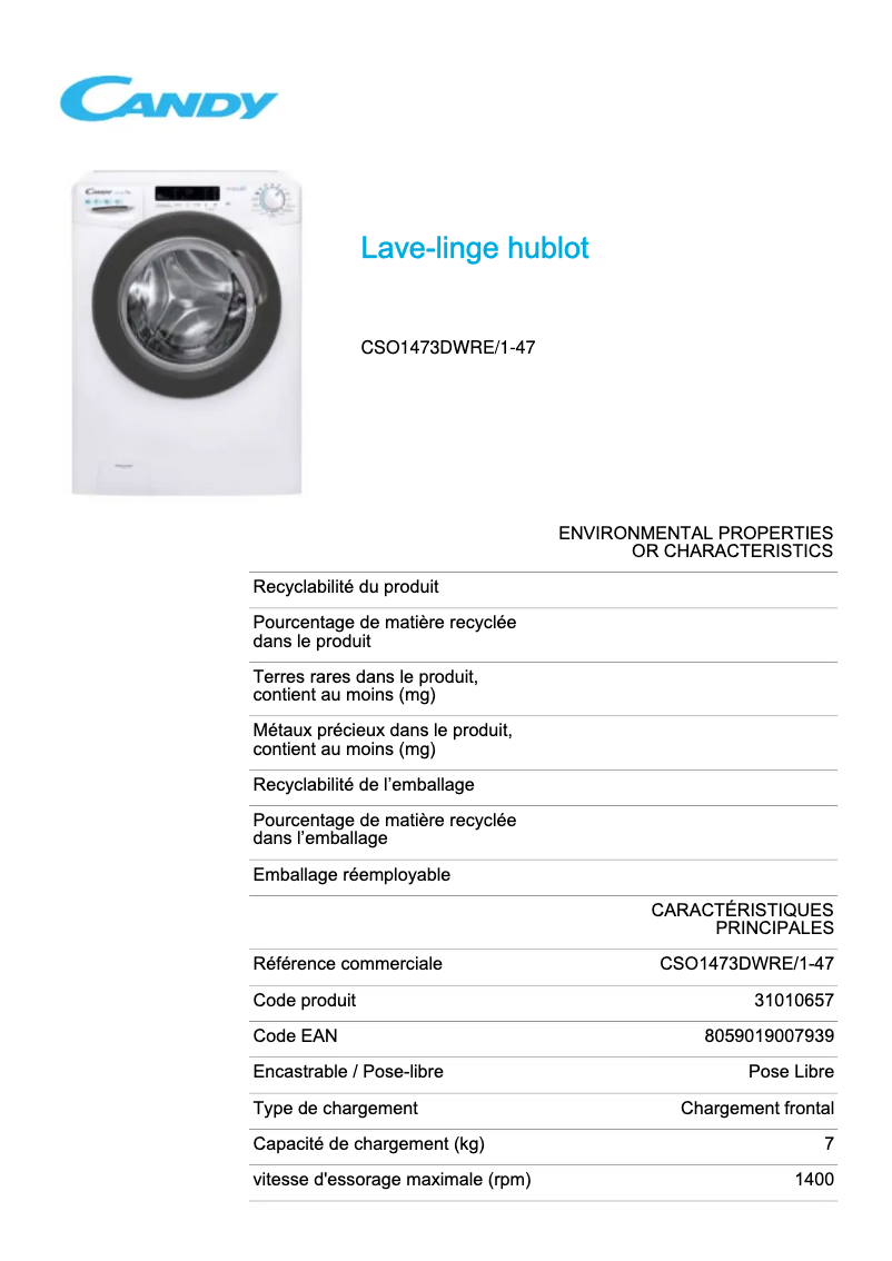 Page n°1 - Fiche technique Candy CSO1473DWRE/1-47