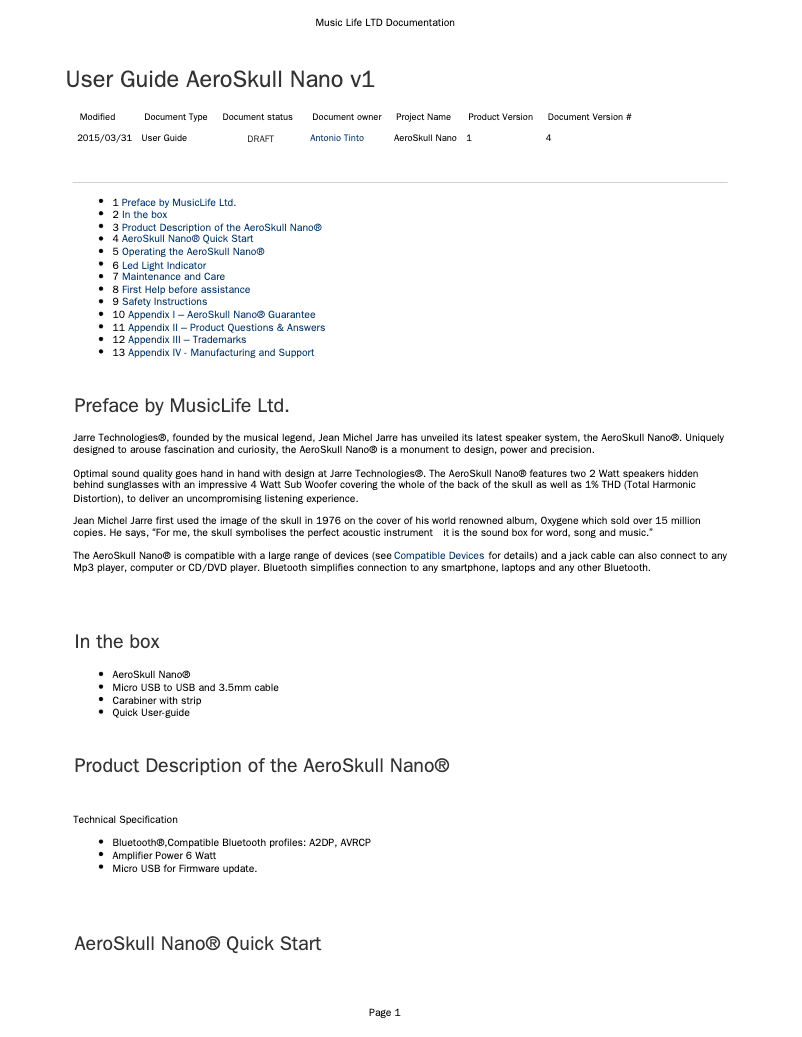 Page 1 de la notice Manuel utilisateur Jarre Technologies AeroSkull Nano