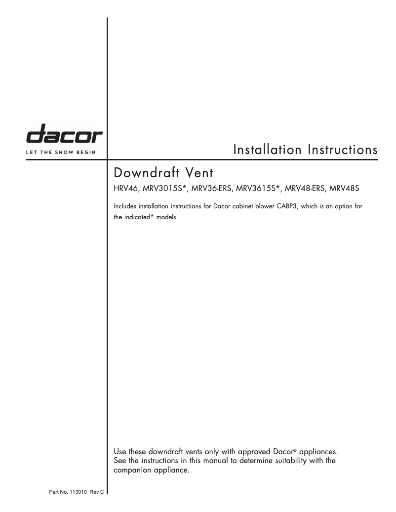 Page 1 de la notice Guide d'installation Dacor HRV46S