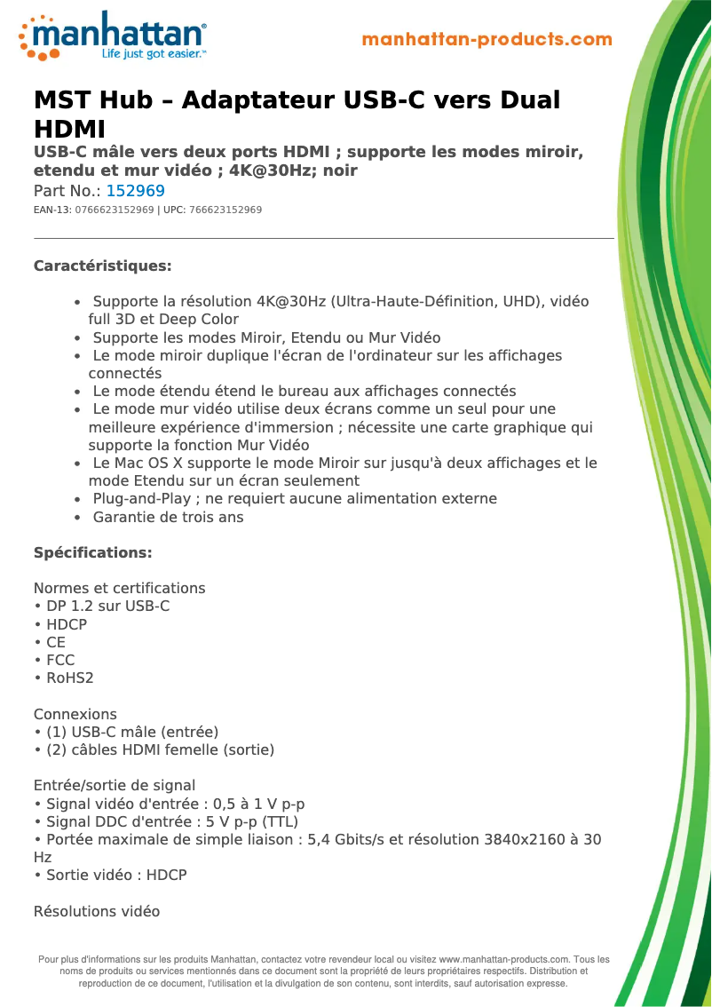 Page 1 de la notice Fiche technique Manhattan 152969