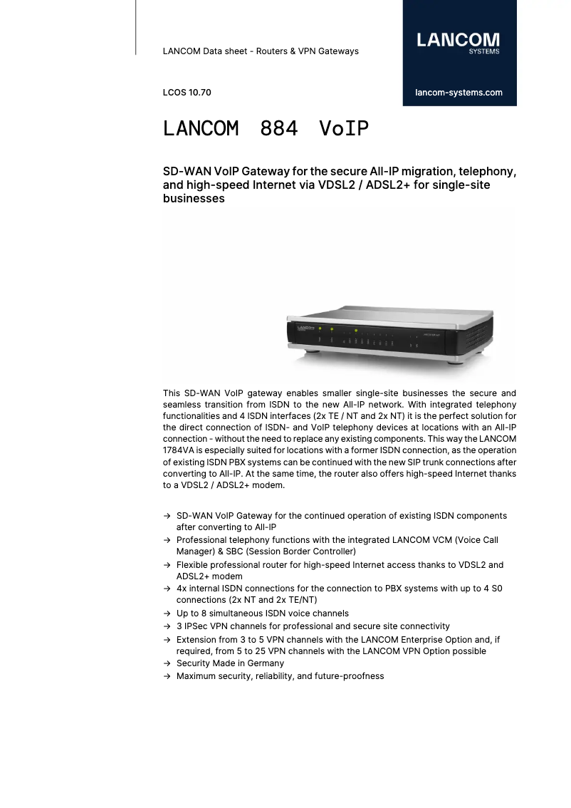 Page n°1 - Fiche technique Lancom 884 VoIP