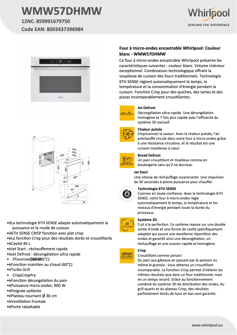 Page 1 de la notice Fiche technique Whirlpool WMW57DHMW