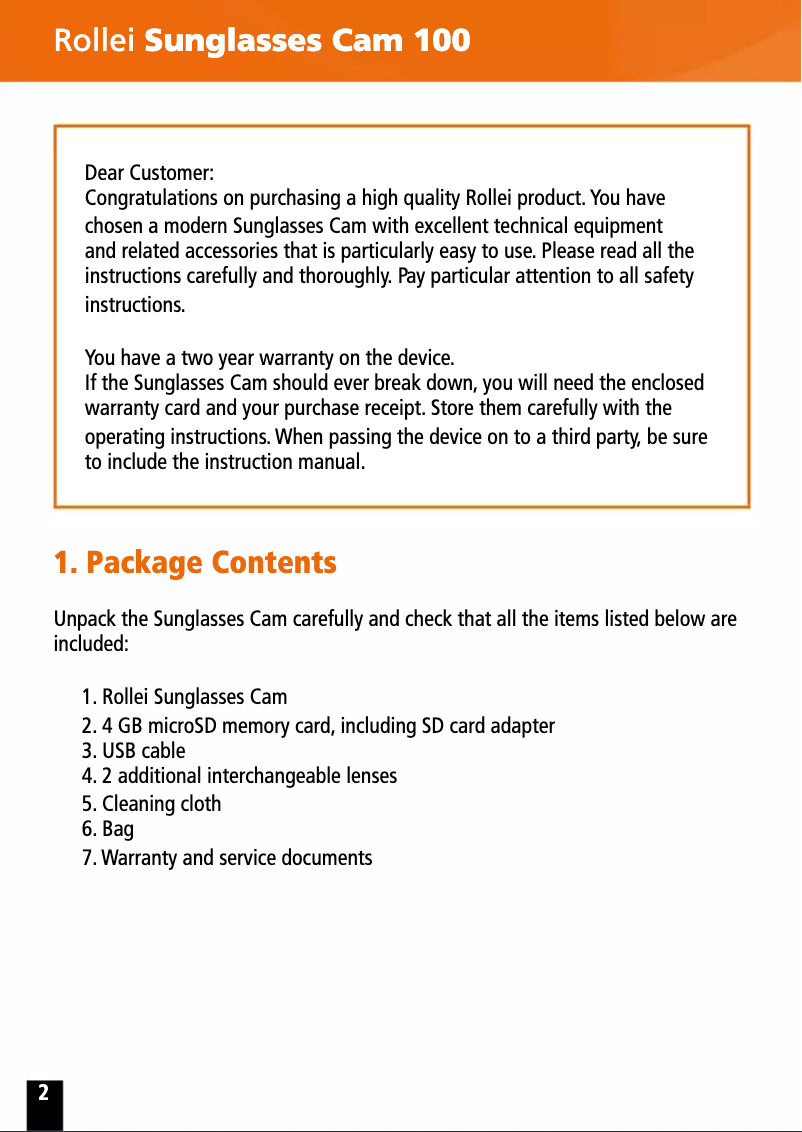 Image de la première page du manuel de l'appareil Sunglasses Cam 100