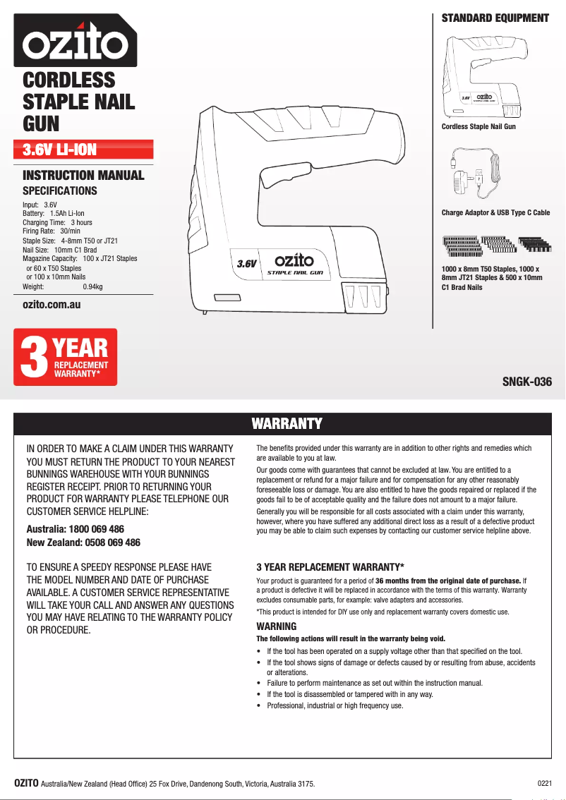 Page 1 de la notice Manuel utilisateur Ozito SNGK-036