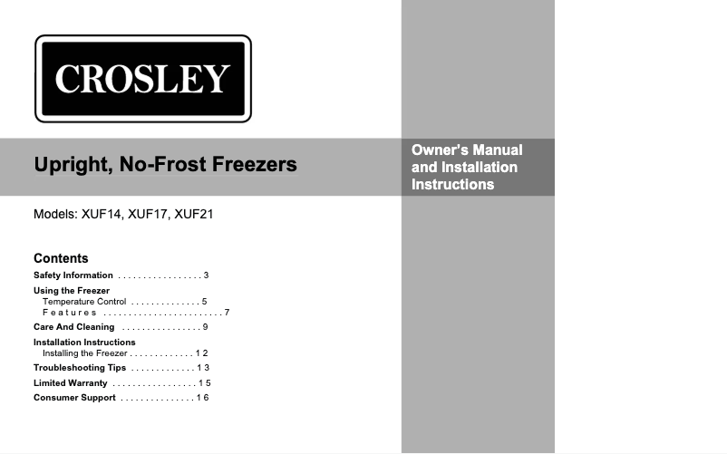 Page 1 de la notice Guide d'installation Crosley XUF17SMRWW