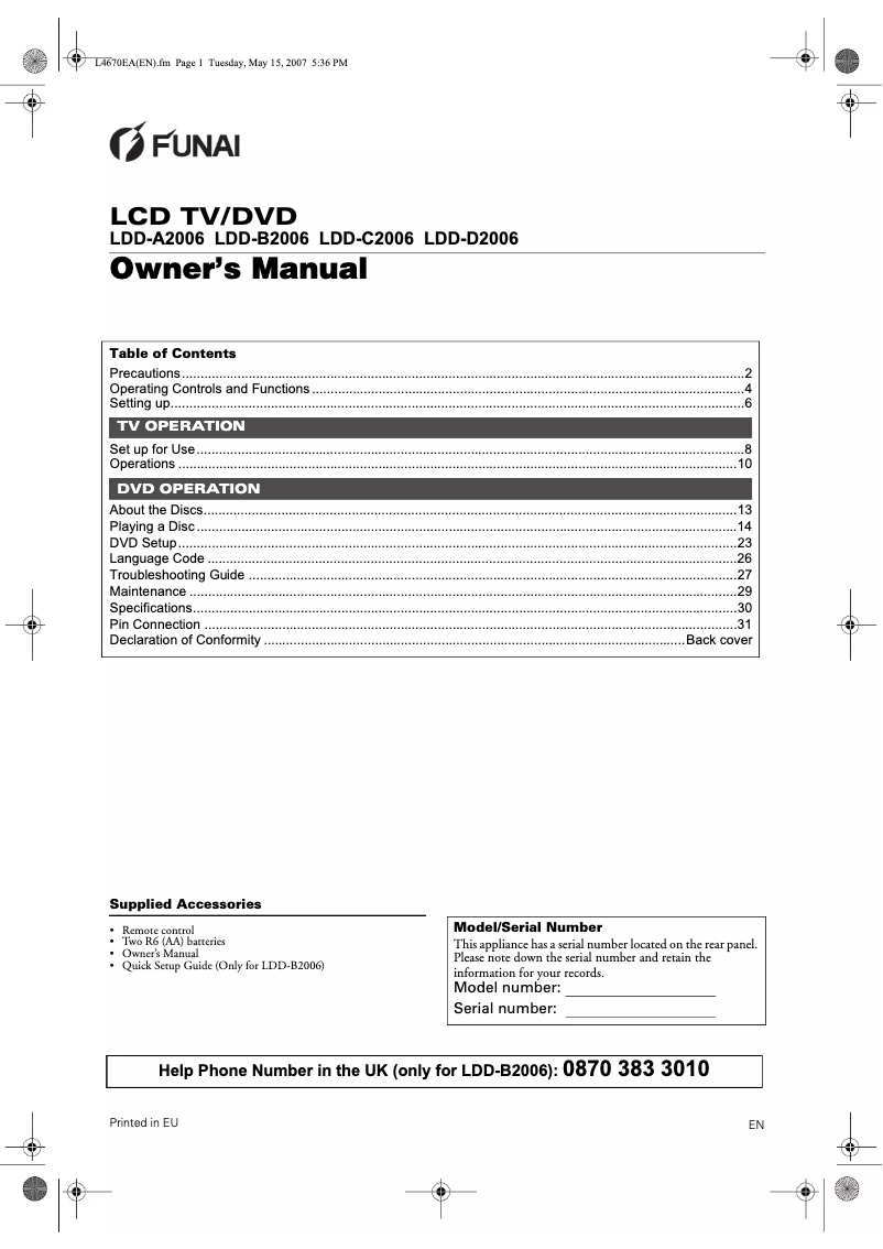 Page 1 de la notice Manuel utilisateur Funai LDD-D2006