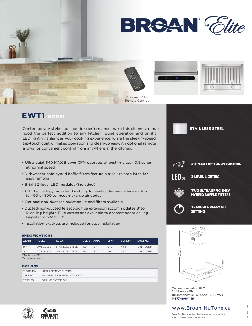 Page 1 de la notice Brochure Broan EWT1306SS