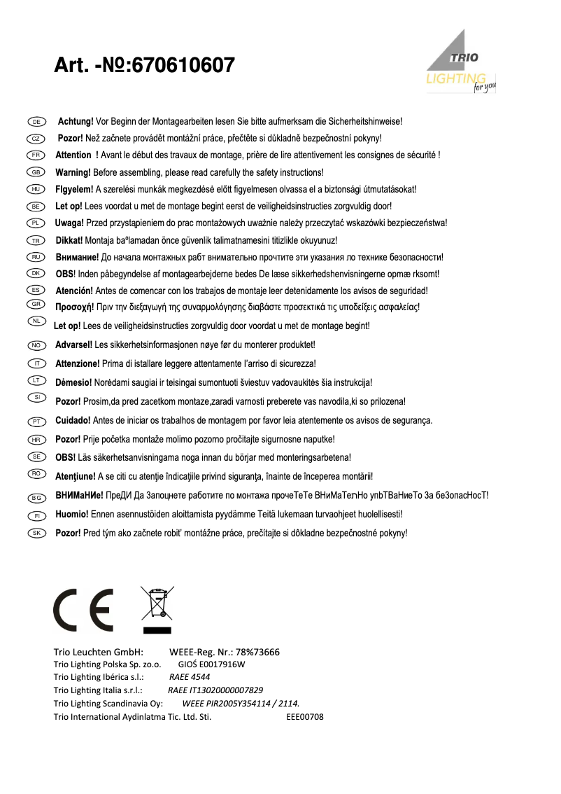 Page 1 de la notice Manuel utilisateur Trio Lighting Opium 670610607
