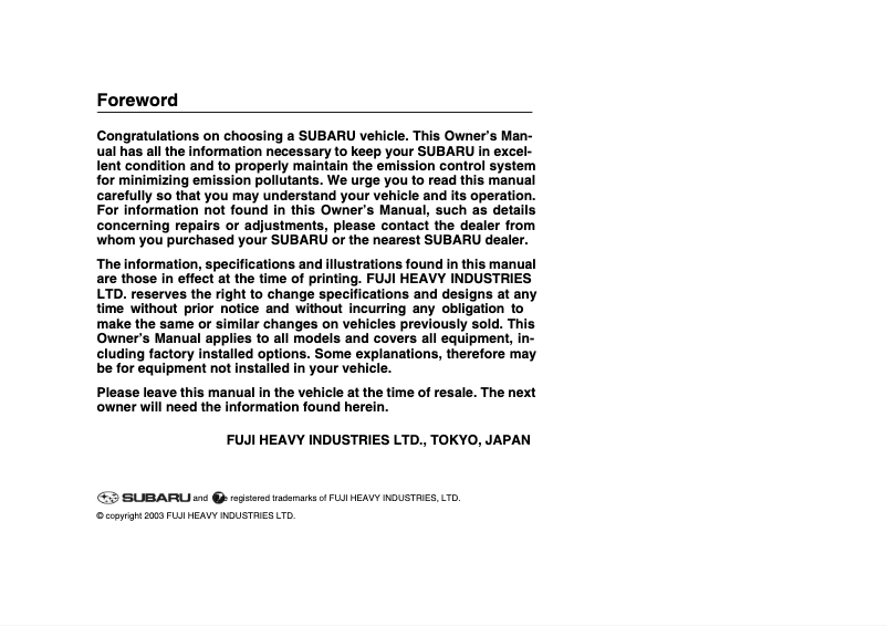 Image de la première page du manuel de l'appareil Forester (2004)